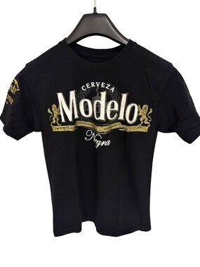 Modelo Cerveza Black Graphic Logo Double-Sided Crew Neck Shirt Size Medium